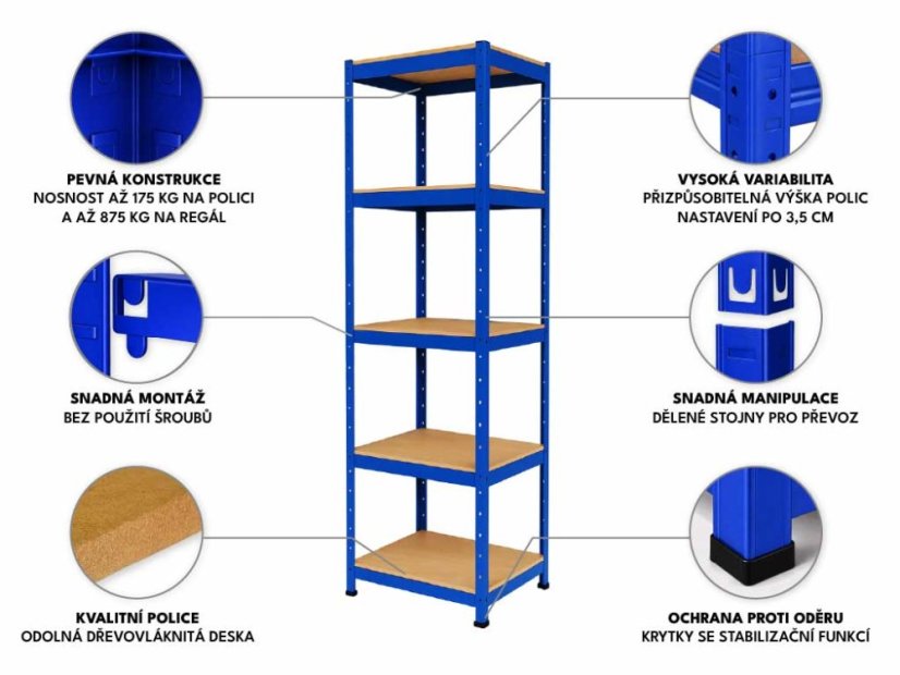 Regál 1800x400x400 mm lakovaný 5-policový, nosnost 875 kg - modrý - 5ks