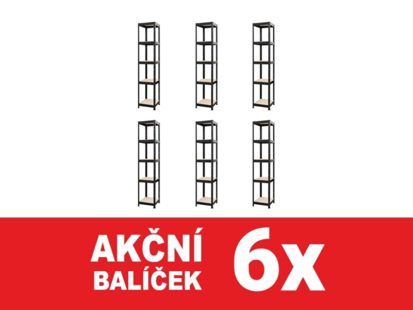 Regál 1800x750x400 mm lakovaný 5-policový, nosnost 875 kg - černý - 6ks