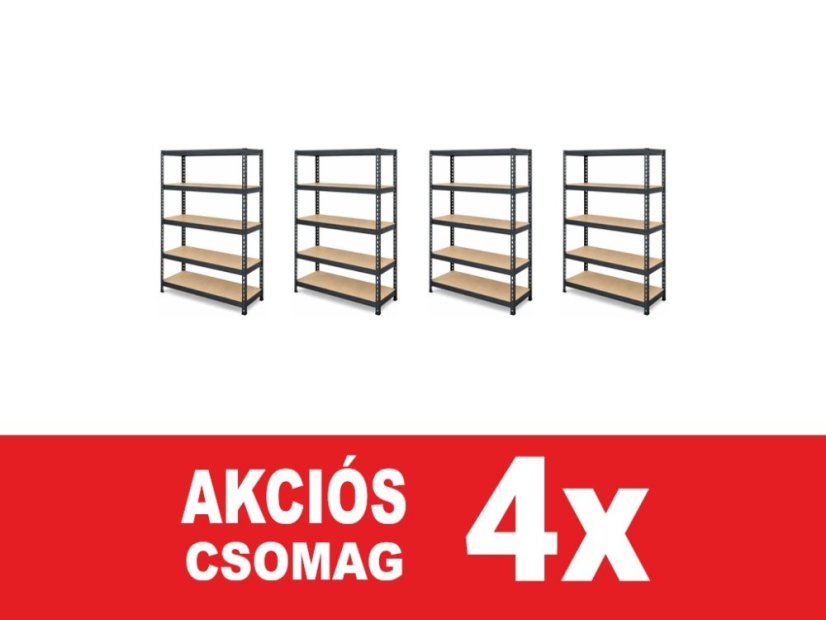 Polcrendszer 1830x600x400 mm lakkozott 5 polcos, teherbírás 1000 kg, RIVET - fekete - 4db