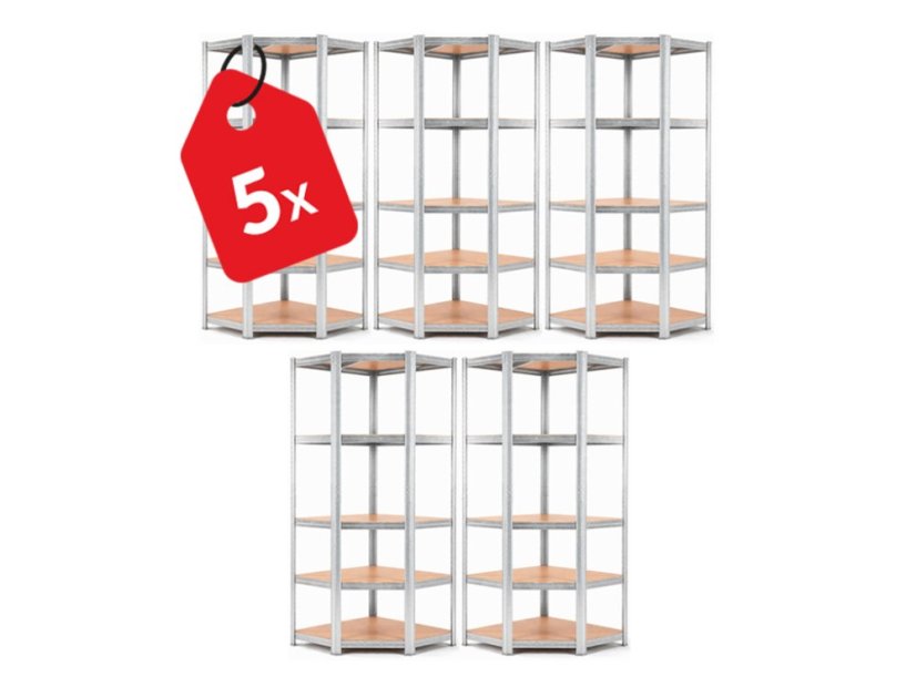Regál 1800x900x400 mm rohový pozinkovaný 5-polícový, nosnosť 875 kg - 5ks