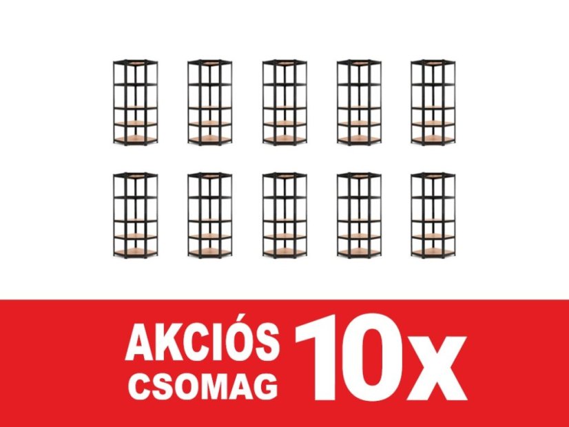 Polcrendszer 1800x900x400 mm sarokos lakkozott 5-polcos, teherbírás 875 kg - fekete - 10db