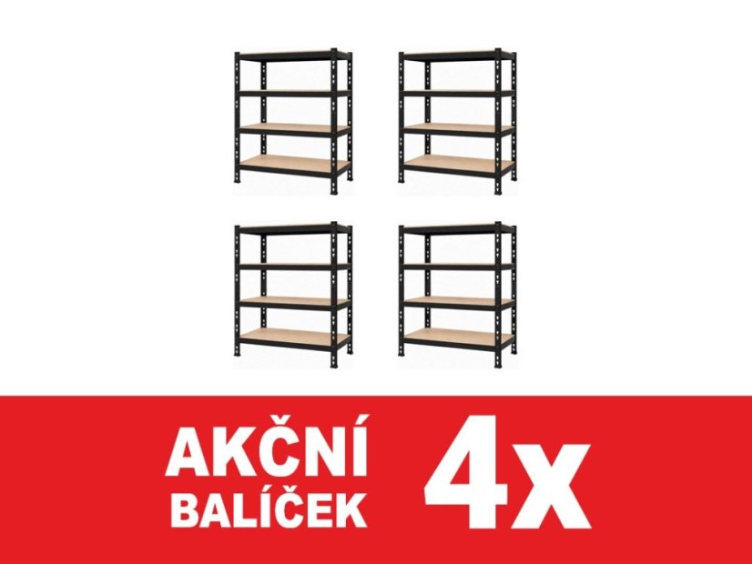 Regál 1680x1600x600 mm profesionální 4-policový, nosnost 1600 kg - černý - 4ks