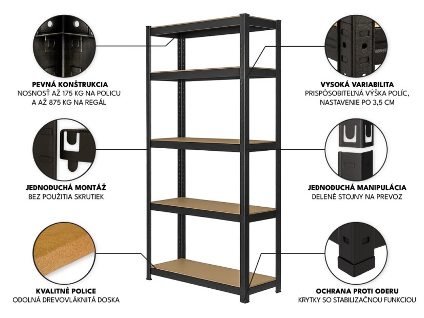 Regál 1800x900x400 mm lakovaný 5-policový, nosnosť 875 kg - čierny