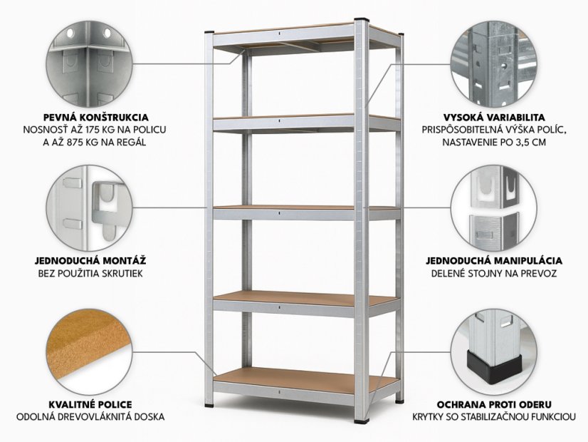Regál 1800x900x400 mm pozinkovaný 5-policový, nosnosť 875 kg