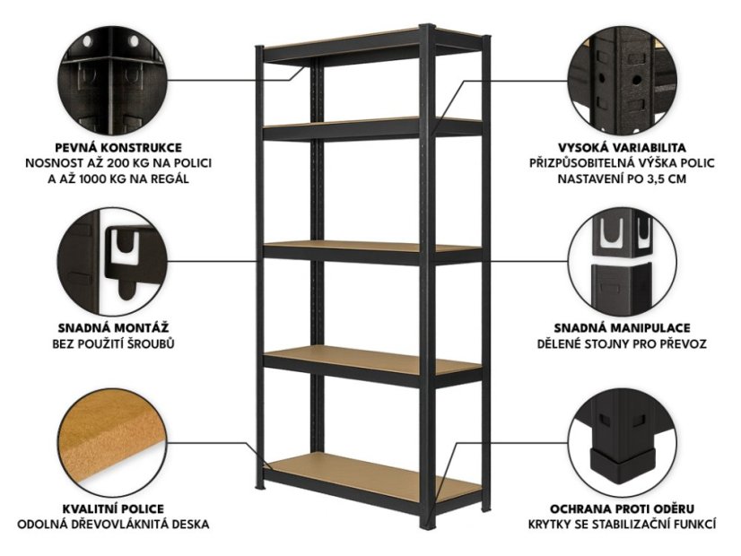 Regál 1800x900x400 mm robustní lakovaný 5-policový, nosnost 1000 kg - černý