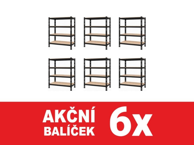 Regál 1800x1600x500 mm profesionální 4-policový, nosnost 1600 kg - černý - 6ks