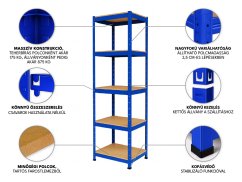 Polcrendszer 1800x400x400 mm festett 5 polcos, teherbírás 875 kg - kék - 6db