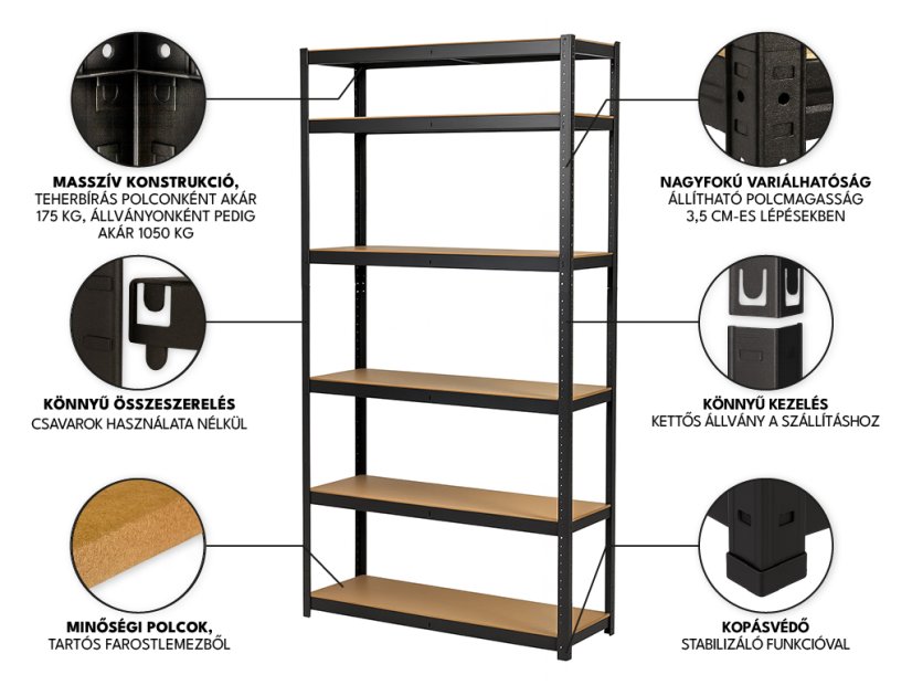 Polcrendszer 2200x900x600 mm festett 6 polcos, teherbírás 1050 kg - fekete