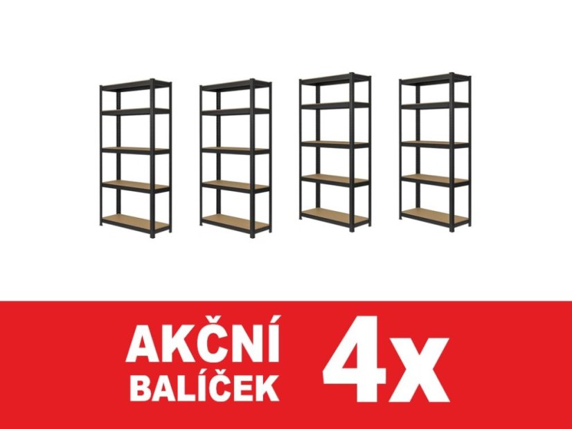 Regál 1800x600x400 mm lakovaný 5-policový, nosnost 875 kg - černý - 4ks
