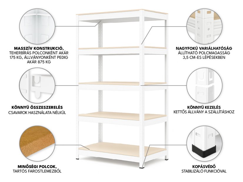 Polcrendszer 1800x800x400 mm festett 5 polcos, teherbírás 875 kg - fehér