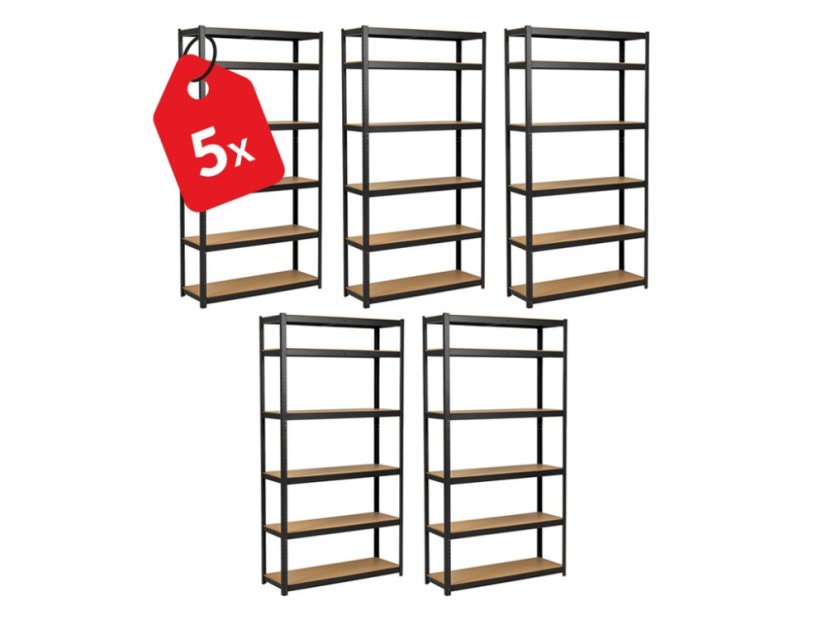 Regál 2200x1200x600 mm lakovaný 6-policový, nosnost 1050 kg - černý - 5ks