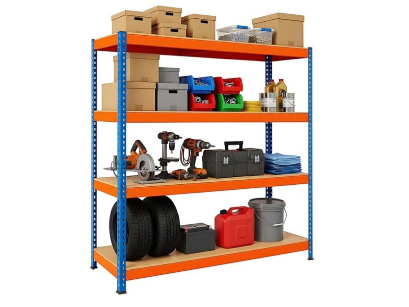Regál 1800x1600x500 mm profesionální 4-policový, nosnost 1600 kg - modro-oranžový
