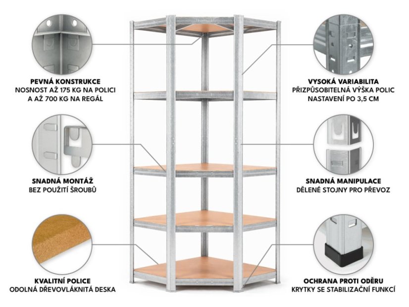 Regál 1800x900x400 mm rohový zinkovaný 5-policový, nosnost 875 kg - 10ks