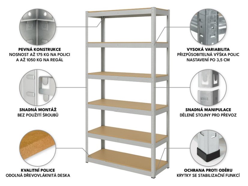 Regál 2200x900x600 mm zinkovaný 6-policový, nosnost 1050 kg
