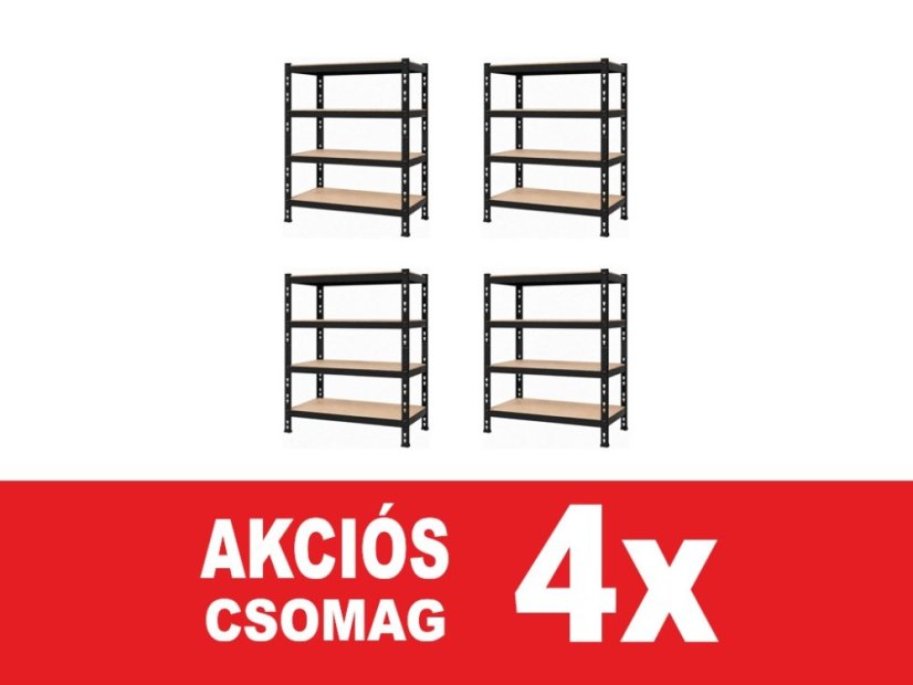 Polcrendszer 1800x1600x500 mm professzionális 4 polcos, teherbírás 1600 kg - fekete - 4db
