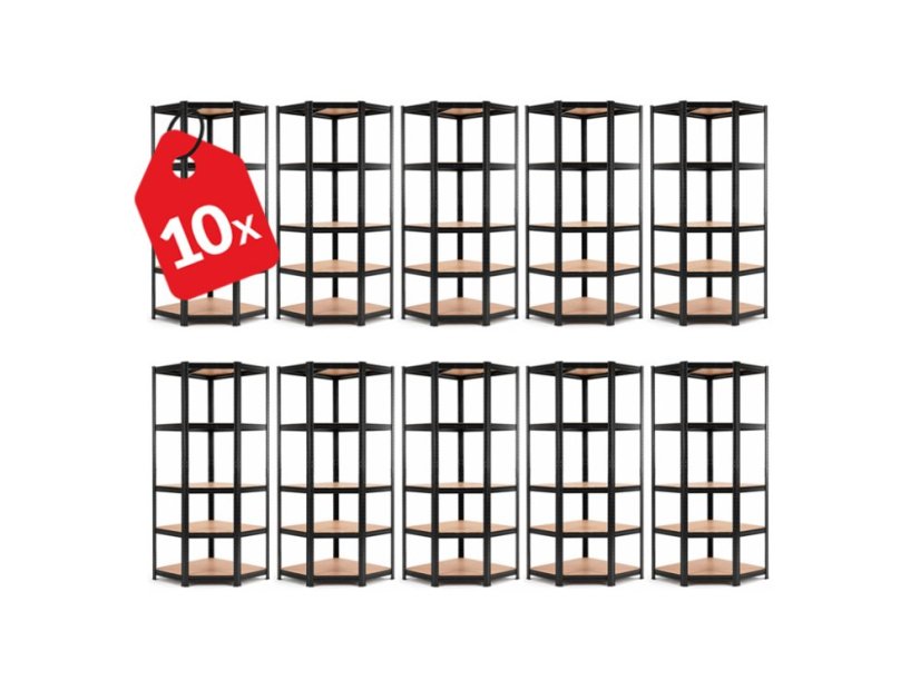 Regál 1800x900x400 mm rohový lakovaný 5-policový, nosnost 875 kg - černý - 10ks