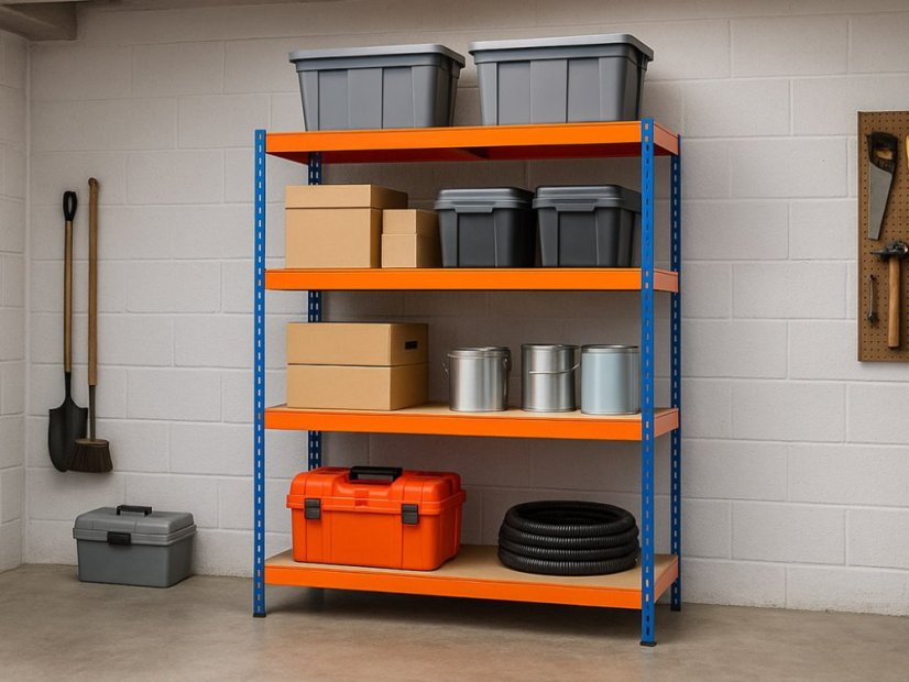 Regál 1800x1600x500 mm profesionální 4-policový, nosnost 1600 kg - modro-oranžový