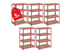 Regál 1500x700x300 mm lakovaný 4-policový, nosnost 700 kg - červený - 5ks
