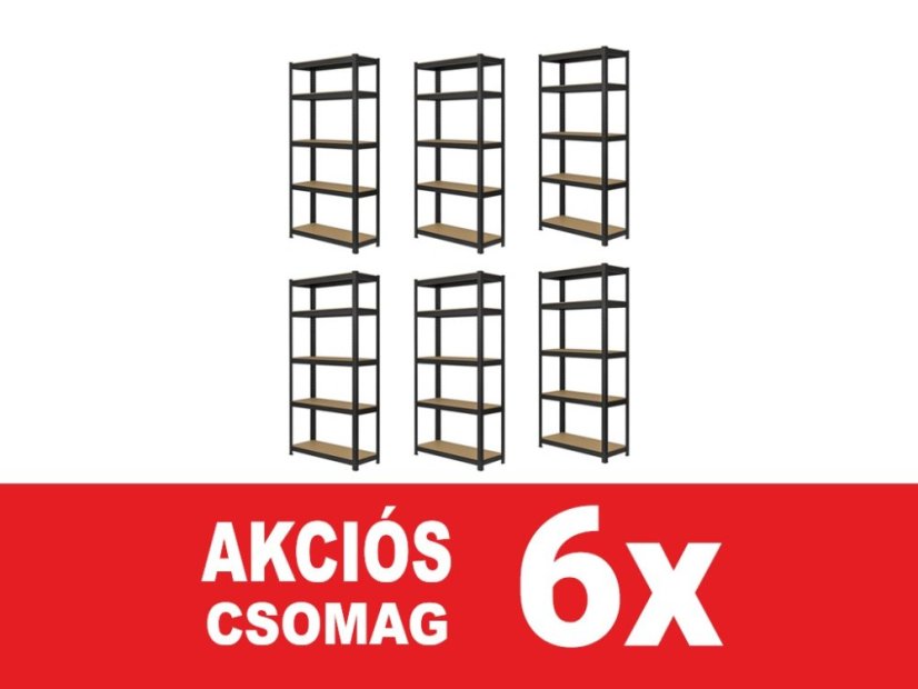 Polcrendszer 1800x600x400 mm festett 5 polcos, teherbírás 875 kg - fekete - 6db