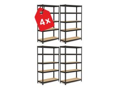 Regál 1800x900x300 mm robustní lakovaný 5-policový, nosnost 1000 kg - černý - 4ks
