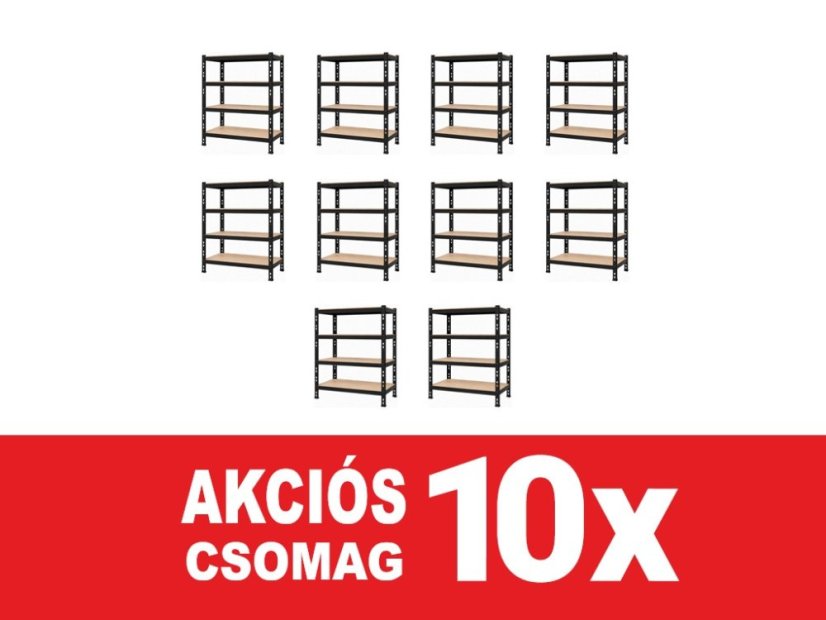 Polcrendszer 1680x1600x600 mm professzionális 4 polcos, teherbírás 1600 kg - fekete - 10db