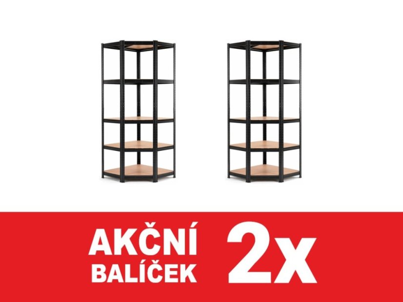 Regál 1800x900x400 mm rohový lakovaný 5-policový, nosnost 875 kg - černý - 2ks