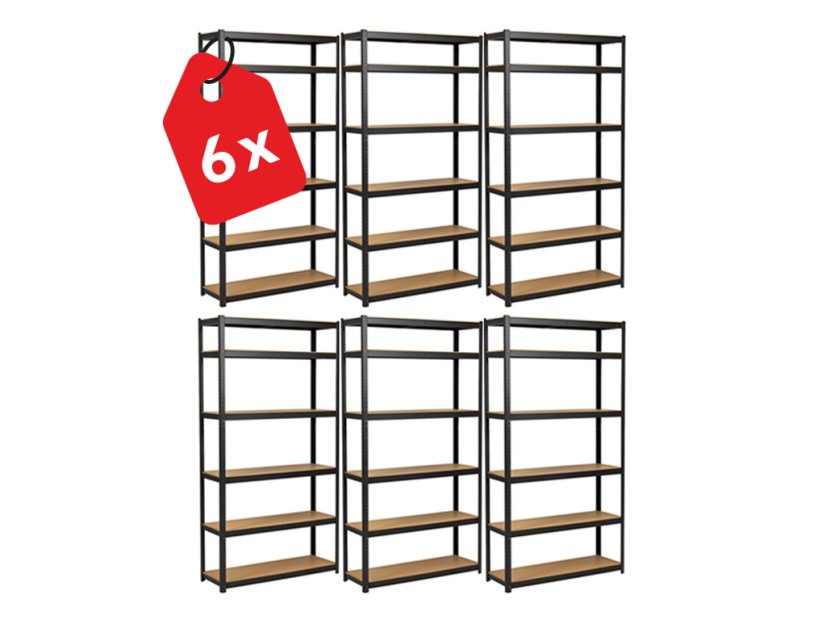 Regál 2200x900x600 mm lakovaný 6-policový, nosnosť 1050 kg - čierny - 6ks