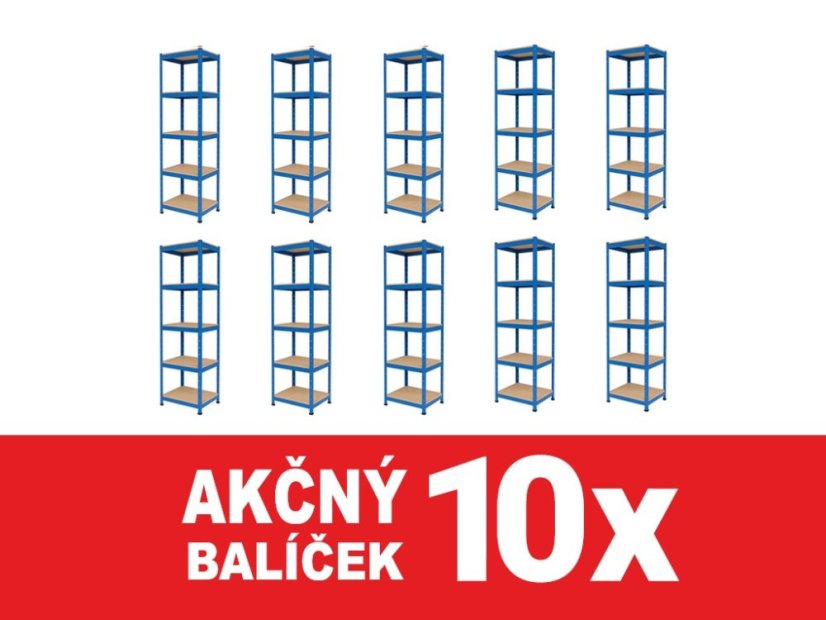 Regál 1800x400x400 mm lakovaný 5-policový, nosnosť 875 kg - modrý - 10ks