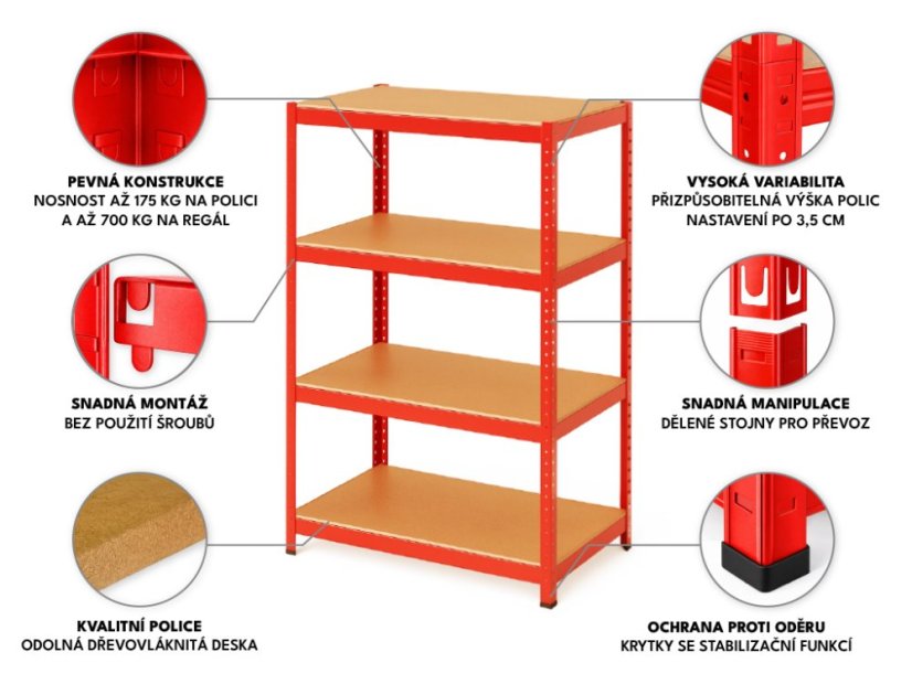 Regál 1500x700x300 mm lakovaný 4-policový, nosnost 700 kg - červený - 5ks