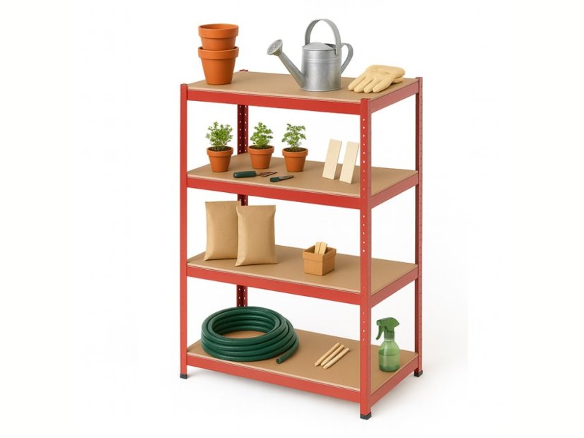 Regál 1500x700x300 mm lakovaný 4-policový, nosnost 700 kg - červený - 5ks
