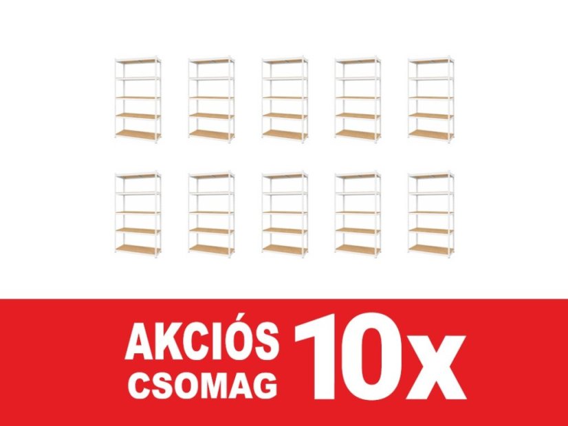 Polcrendszer 1830x900x400 mm lakkozott 5 polcos, teherbírás 1000 kg, RIVET - fehér - 10db