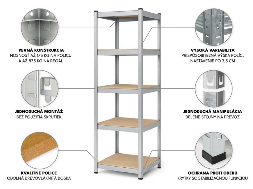 Regál 1800x400x400 mm pozinkovaný 5-policový, nosnosť 875 kg - 4ks