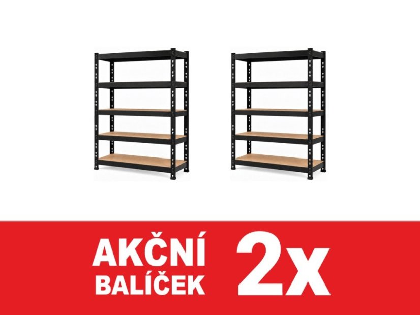 Regál 2160x1200x500 mm profesionální 5-policový, nosnost 2000 kg - černý - 2ks