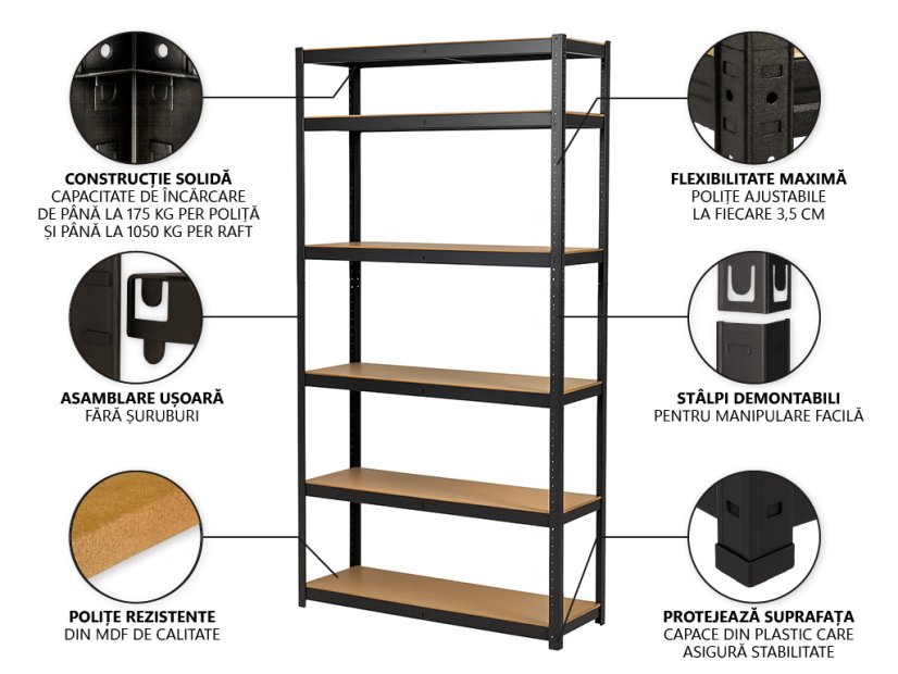 Raft metalic 2200x900x600 mm lăcuit cu 6 polițe, capacitate 1050 kg - negru