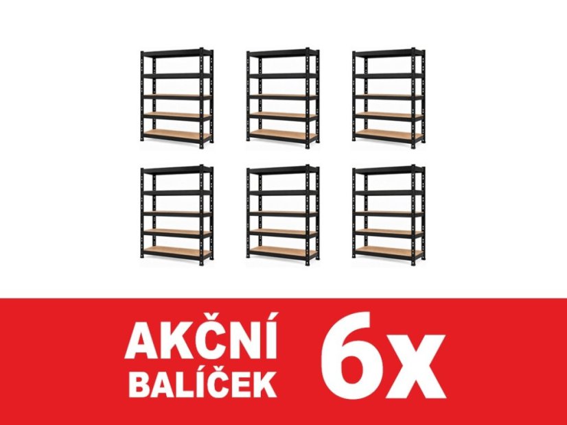 Regál 2160x1200x500 mm profesionální 5-policový, nosnost 2000 kg - černý - 6ks