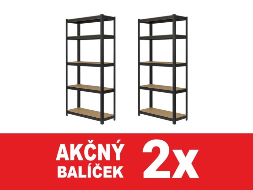 Regál 1800x900x400 mm lakovaný 5-policový, nosnosť 875 kg - čierny - 2ks