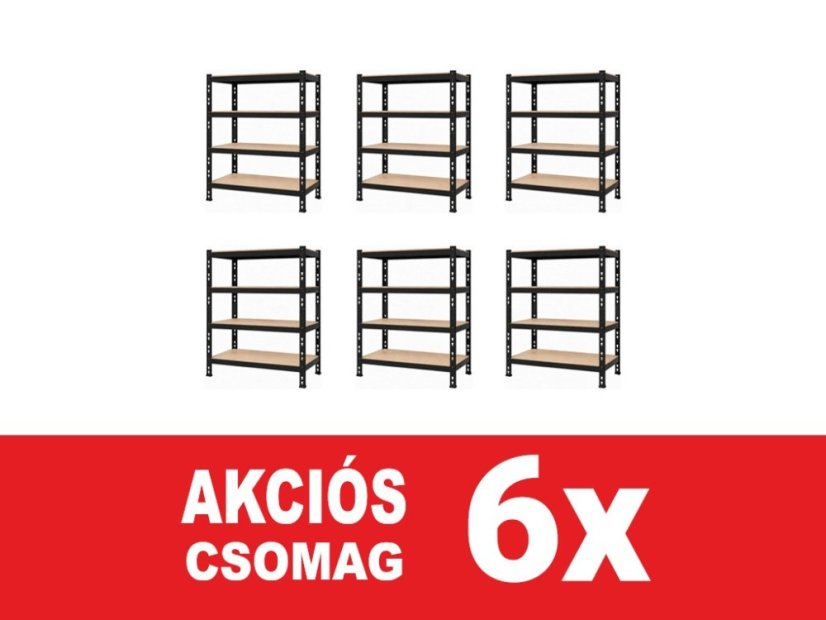 Polcrendszer 1800x1600x500 mm professzionális 4 polcos, teherbírás 1600 kg - fekete - 6db