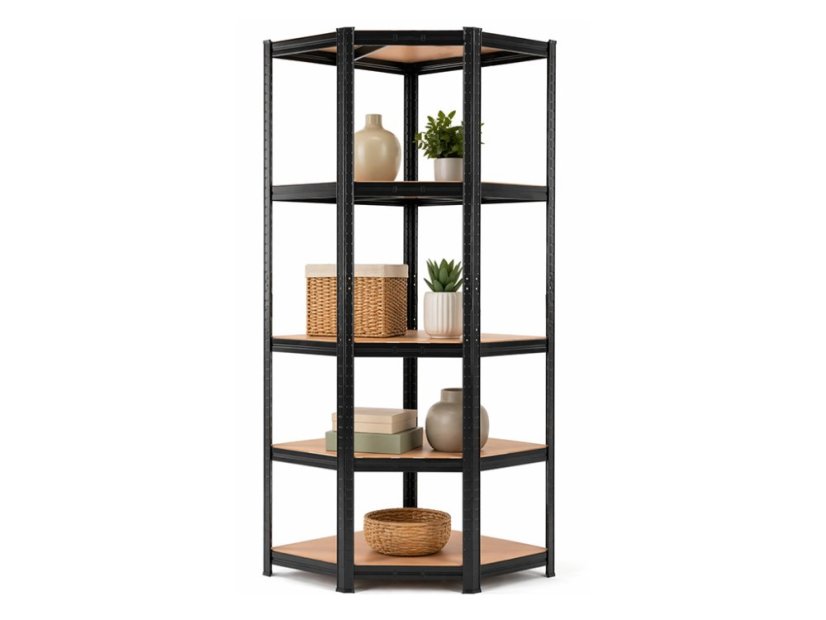 Regál 1800x900x400 mm rohový lakovaný 5-policový, nosnost 875 kg - černý - 10ks