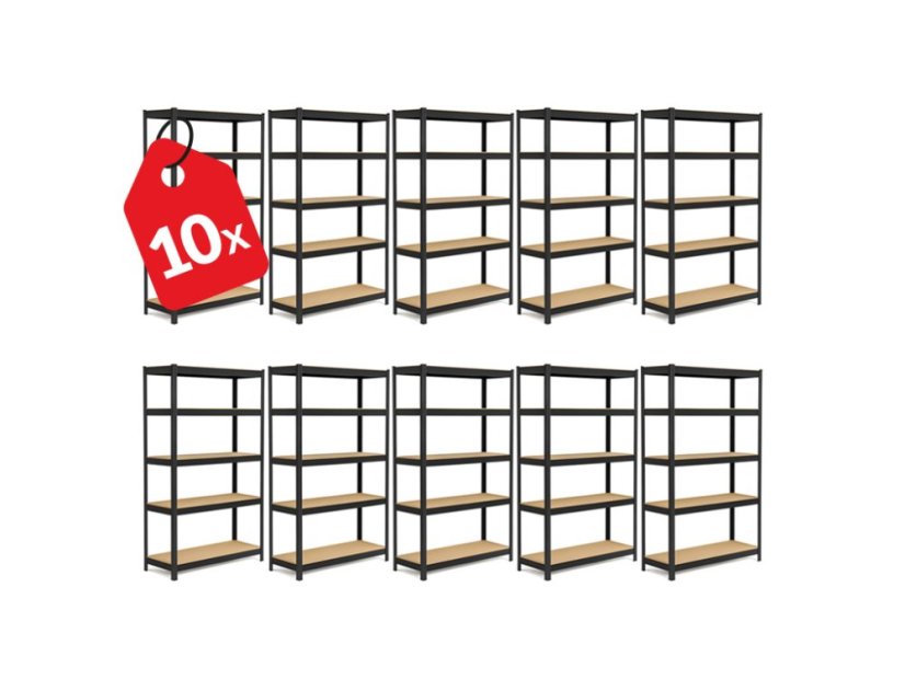 Regál 1800x900x400 mm lakovaný 5-policový, nosnost 875 kg - černý - 10ks