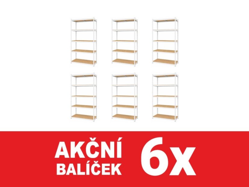Regál 1830x900x400 mm lakovaný 5-policový, nosnost 1000 kg, RIVET - bílý - 6ks
