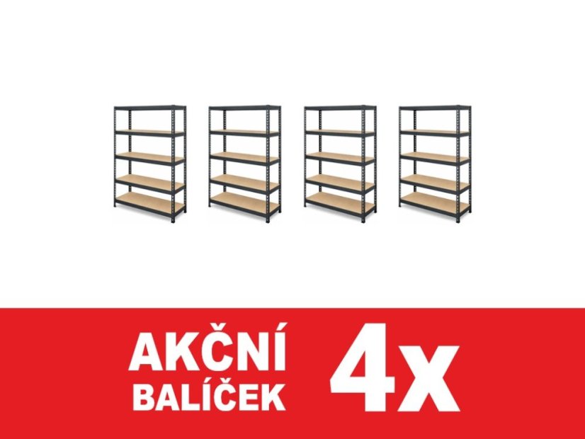Regál 1600x800x400 mm lakovaný 5-policový, nosnost 1000 kg, RIVET - černý - 4ks