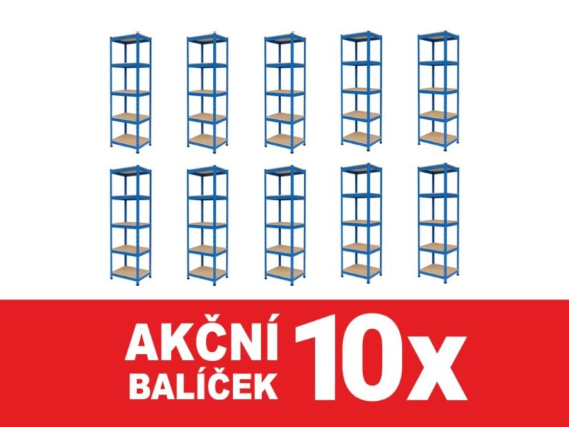 Regál 1800x400x400 mm lakovaný 5-policový, nosnost 875 kg - modrý - 10ks