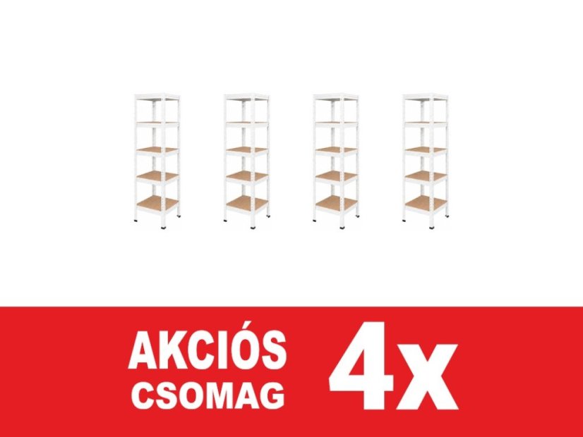 Polcrendszer 1830x400x400 mm lakkozott 5 polcos, teherbírás 1000 kg, RIVET - fehér - 4db