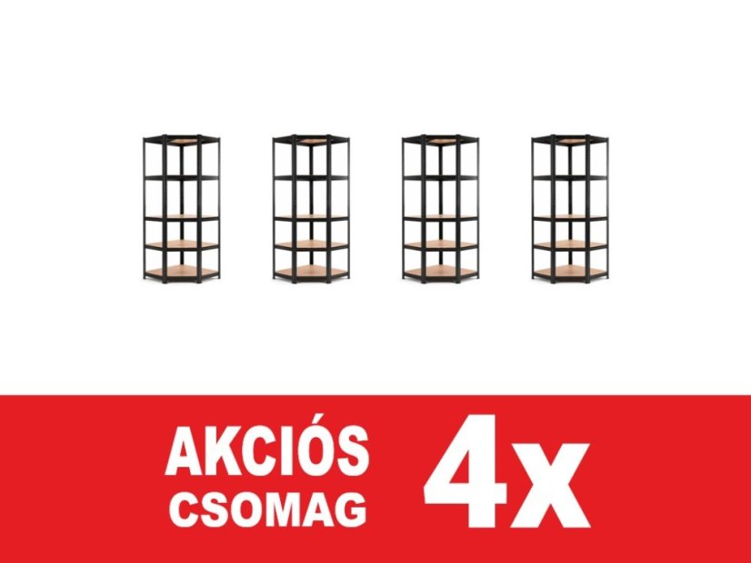 Polcrendszer 1800x900x400 mm sarokos lakkozott 5-polcos, teherbírás 875 kg - fekete - 4db