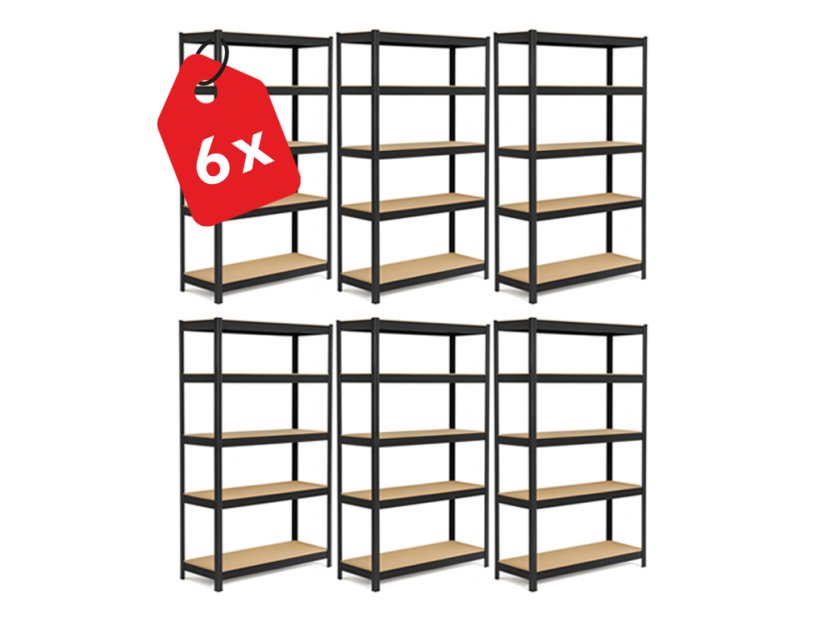 Regál 1600x800x400 mm lakovaný 5-policový, nosnosť 875 kg - čierny - 6ks
