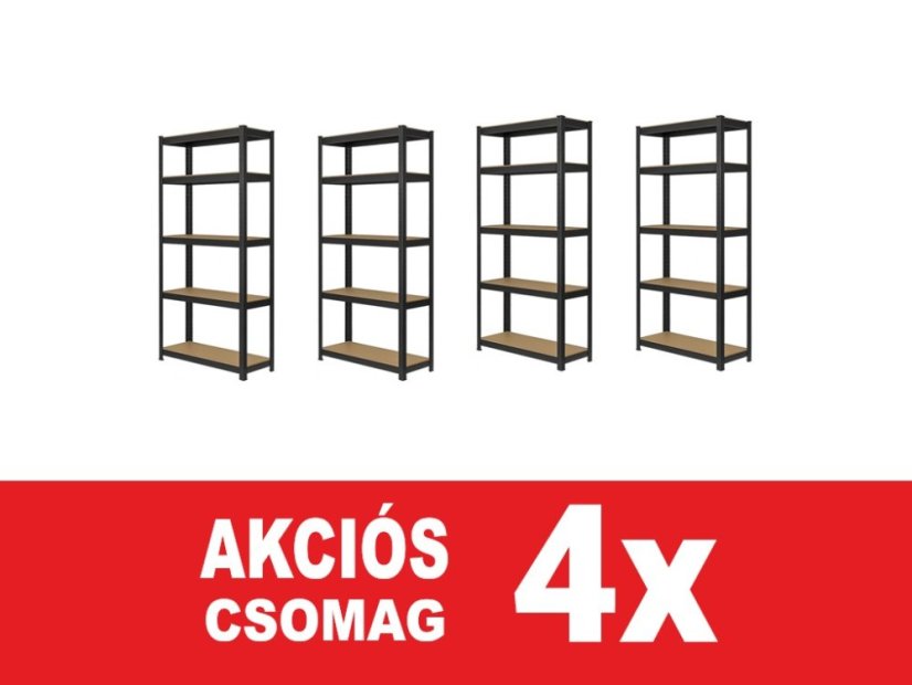 Polcrendszer 1800x900x400 mm festett 5 polcos, teherbírás 875 kg - fekete - 4db