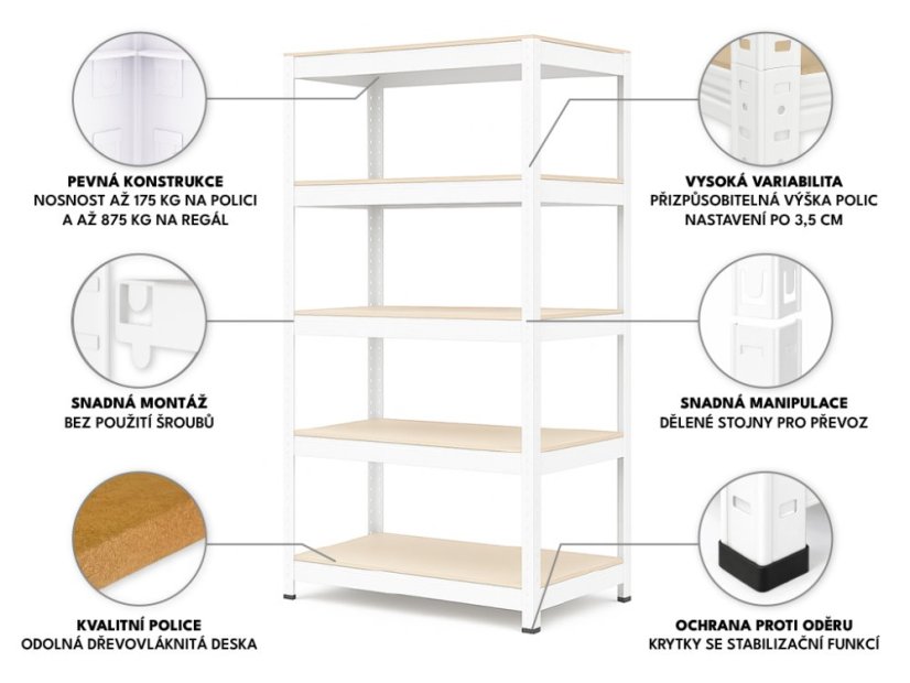 Regál 1800x900x400 mm lakovaný 5-policový, nosnost 875 kg - bílý