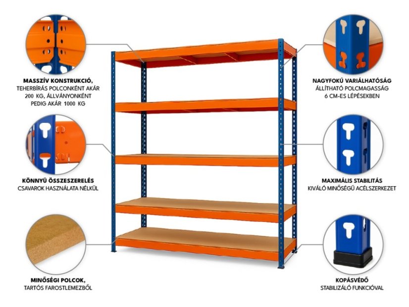 Polcrendszer 1800x900x400 mm festett 5 polcos, teherbírás 1000 kg - kék-narancs