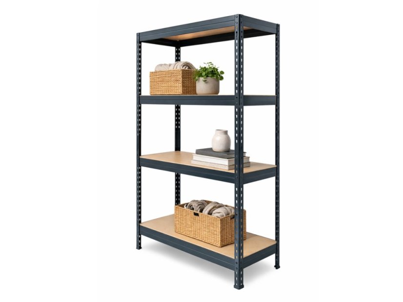 Regál 1500x700x300 mm lakovaný 4-policový, nosnost 800 kg, RIVET - černý