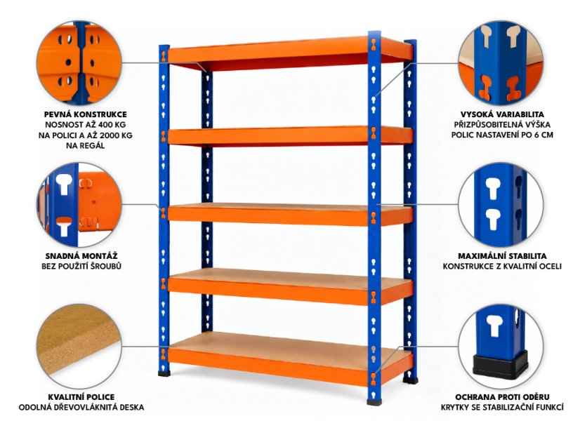 Regál 3120x1800x500 mm profesionální 5-policový, nosnost 2000 kg - modro-oranžový